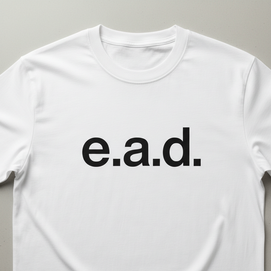 White shirt with black e.a.d. logo